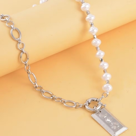 Jewelry - Simulated Pearl, Austrian Crystal Moon Star Pendant Necklace Silvertone